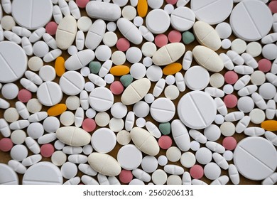 background of a large number of tablets of different sizes and colors. possible concept: pharmacology, advertising of drugs, production of drugs,pharmacy.