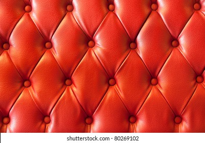 Background From Leather Of Cushion.
Red Leather From Retro Chairs. The Seat Has A Vintage Style Texture Button.