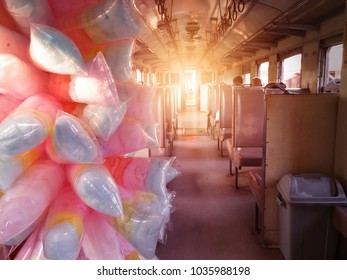 Background of local train with sweet cotton candy experience. Original way to experience local transportation journey in asia. Traveller is enjoying and have fun with childhood memory
