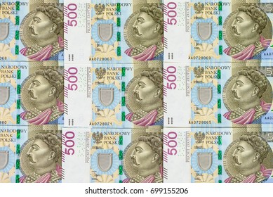 Background made of 500 pln banknotes laying in a row