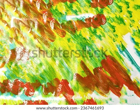 Background made of abstract painting with watercolor paints with water stains, waves and lines in yellow, green, red and black colors. Texture, pattern, frame, copy space and place for text