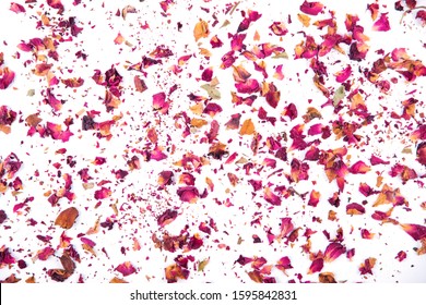 Background Made Of Dried Red Rose  Petals Isolated On White. Floral Concept. Natural Herbal Cosmetics. Top View.