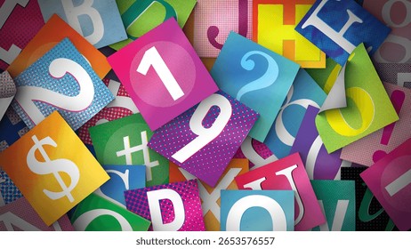 A background made of lots oof overlapping paper magazine style letters and numbers.