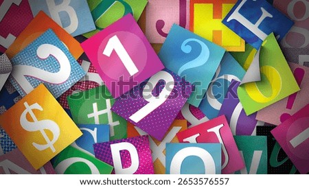 A background made of lots oof overlapping paper magazine style letters and numbers.