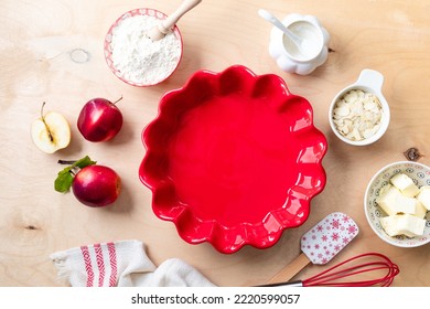 Background For Making Apple Pie. Christmas Cake, Background For Baking A Cake With Apples, Ingredients For Making Sweet Dough, On A Wooden Background. Copy Space. Top View