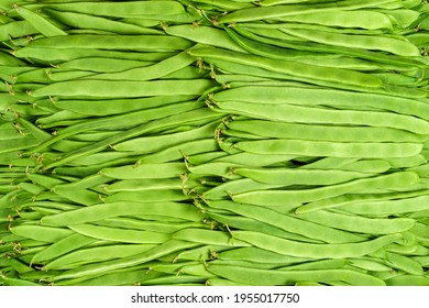 Background Of Many Green Beans, Overhead View, Studio Food Photography. Macro