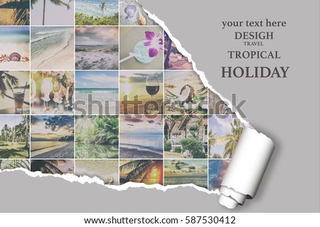 Background with many photos from vacation on beautiful a seaside with effect ofripped paper. Design, advertising, concept