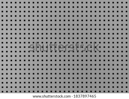 Background with many small square holes. Grey metal sheet with through square holes, textured iron. Metal grill with holes. 