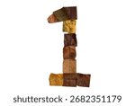 Background material made of various fallen autumn leaves cut into squares and arranged in a row. The number 1.