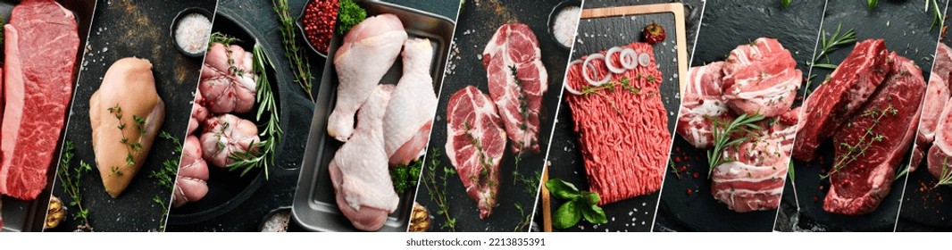 Background: meat and steak. Set of different types of meat. Photo collage.