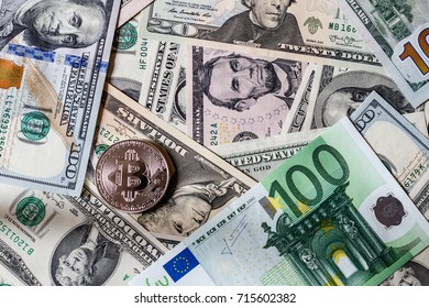 Background with money american dollar and euros bills and bitcoin. Cash dollars and euros. Concept.
