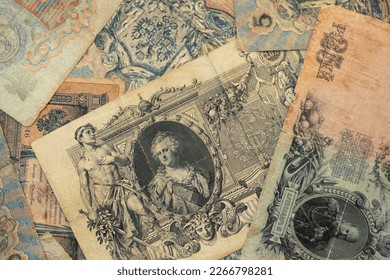 Background of Money of tsarist Russia. 100, 25, 5, 3 Rubles Banknote From Russian Empire, Rare Paper Money From 19th Century. Ruble Paper Banknote From Imperial Russia