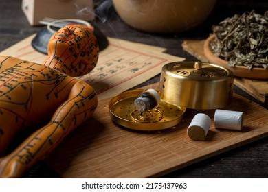 Background of moxibustion and Chinese herbal medicine.English Translation:Traditional Chinese medicine is used in the prevention and treatment of diseases, has the function of rehabilitation. - Shutterstock ID 2175437963