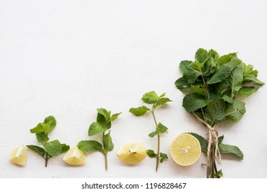 Background Nature Vegetable Peppermint Leaf And Lemon Slice Herbal Healthy Foods On White Wooden