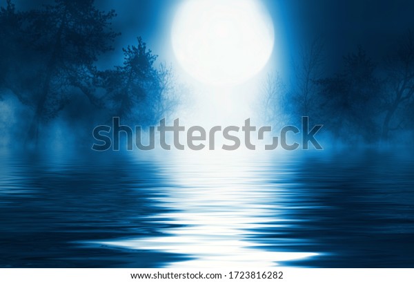 Background night landscape. The night\
sky, the full moon. Reflection of the moon on the\
water.