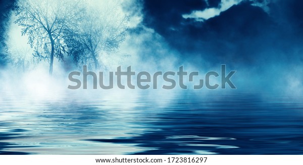 Background night landscape. The night
sky, the full moon. Reflection of the moon on the
water.