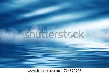 Background of night sea landscape. Night sky, clouds, full moon. Reflection of the moon on the water. Sunset on the sea horizon. Blue tinted