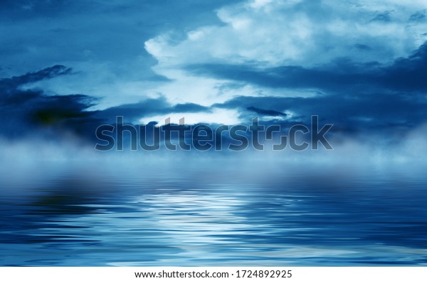 Background of night sea landscape. Night sky,\
clouds, full moon. Reflection of the moon on the water. Sunset on\
the sea horizon. Blue\
tinted