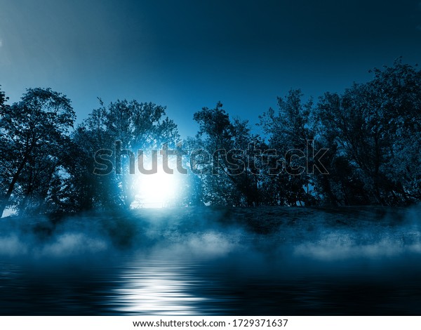 Background of night sea landscape.
Night sky, clouds, full moon. Reflection of the moon on the water.
Sunset on the sea horizon. Blue tinted blurred
background.