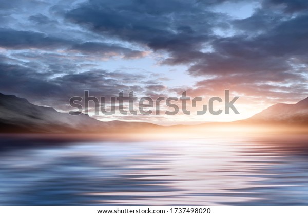 Background of night sea landscape. Night sky,\
clouds, full moon. Reflection of the moon on the water. Sunset on\
the sea horizon. Blue\
tinted.