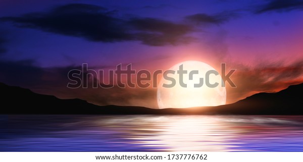Background of night sea landscape.\
Night sky, clouds, full moon, sunset. Reflection of the moon on the\
water. Sunset on the sea horizon. Blurred\
background.