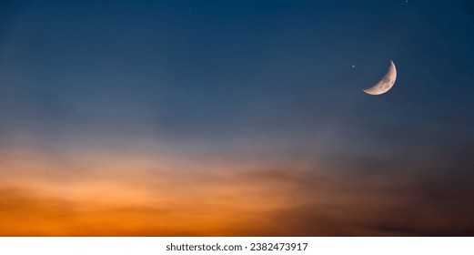 Background night sky of with crescent moon,and stars .Background Greeting card for the holy month of Ramadan of islam