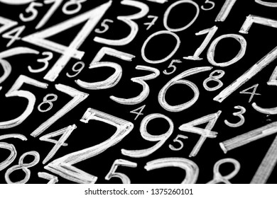 Background of numbers. from zero to nine. Numbers texture. Currency symbols. Numerology. Mathematical equations and formulas