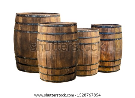 background oak barrels set in a row on a white basis pattern