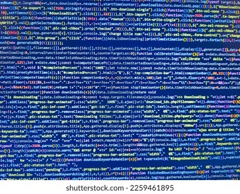 Background of old rough striped fabric texture. Blue linen cloth close-up background. Screen of web developing javascript code. Kitchen accessories. Useful for design-works. Web software