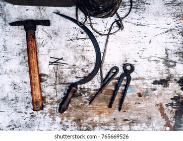 Background Old Wooden Desk With Tools Top View