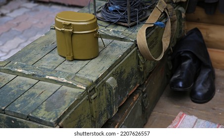 Background On Boxes Of Ammunition Green Soldier's Bowler Hat