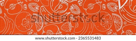 background of orange cardboard box with line art style fruits. Abstract creative food in minimalism design. Hand drawn vector illustration 