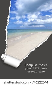 Background Photos From Vacation On Beautiful A Seaside With Effect Of Ripped Paper. Design, Advertising, Concept