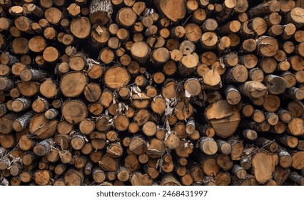 Background of piled up tree trunks seen from the front.