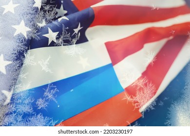 The Background Is Political. American And Russian Flag On Background. US Sanctions Against Russia. Exacerbation Of Dipomotic Relationships.