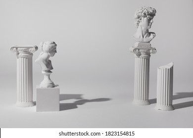 Background For Product Presentation. Antique Columns Ans Statues On White Background