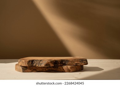 Background for products cosmetics, food or jewelry. Rustic wood slices podium. Front view. Mockup.	 - Shutterstock ID 2268424045