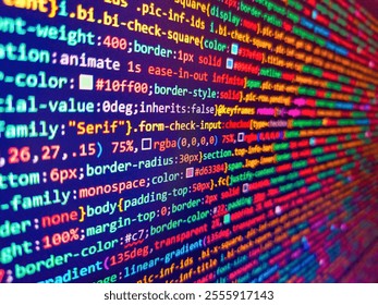 Background of program code. Computer script. Programming code on computer screen. Sequence of numbers with bright colors on a black background. Computer html code on screen. Code on monitor.