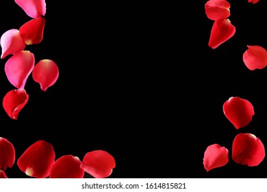 Background with red rose petals and pink falling happy valentines day cards on black background - Powered by Shutterstock