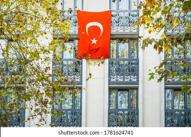 Background Of Red Turkish National Flag Hanging From Building Window