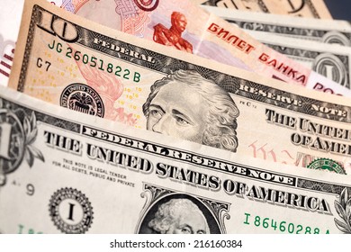 Background of Russian rubles and dollars - Shutterstock ID 216160384