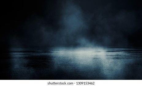 Background scene of empty street. Night view of the river, the night sky with clouds, the reflection of light on the water. Smoke fog - Powered by Shutterstock