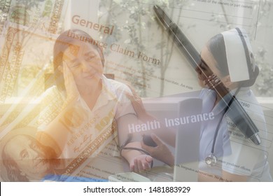 Background Of Senior Patient With Nurse Checking Blood Presure Overlay With Health Insurance Background Of Insurance Card And Insurance Claim For With Banknote