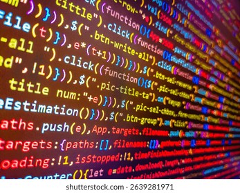 Background sequin. Software computer programming code and circuit board abstract technology background. Programmer developer screen. Coding programming source code screen. Programming code.