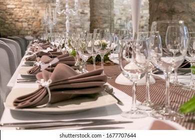 Background Of Set Up Table For Party Or Special Occasions, New Year, Wedding Party Or Birthday Party.  