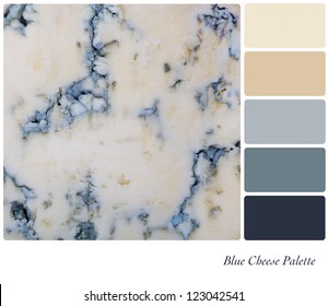 A Background Of Sliced Blue Cheese. Colour Palette With Complimentary Colour Swatches