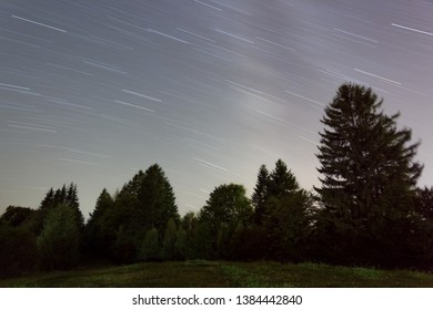 A Background with Star Trails while Wind is Blowing Through the Trees	