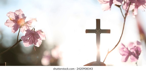 Background with strong sunlight shining through azalea flowers on a spring day and a Christian holding the holy cross of Jesus Christ in his hands
 - Powered by Shutterstock