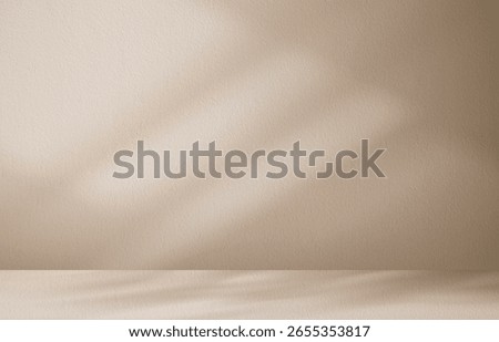 Background studio brown wall with light, grey shadow on 3d podium.Autumn backdrop texture product display with copy space.Color beige empty wall room with white light on desk.Minimal design for Fall 