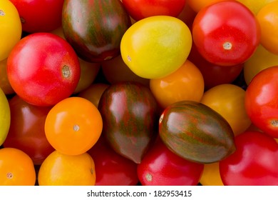 Background Texture Of Baby Heirloom Tomatoes.